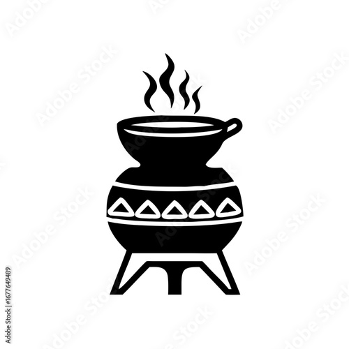 Traditional Earthen Stove with Cooking Pot - Black Silhouette Vector