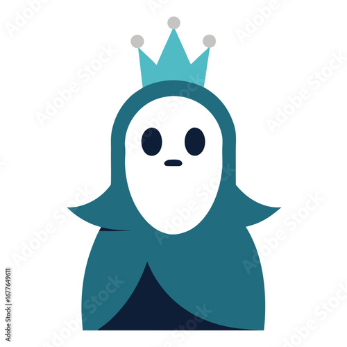 Cute ghost queen wearing a teal crown and robe