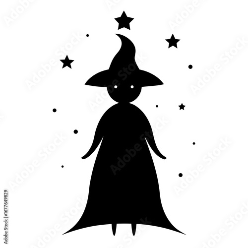 Whimsical black witch silhouette with stars and dots