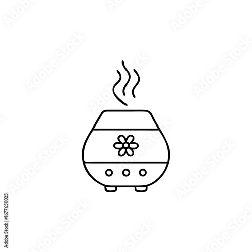 Line art illustration of a floral essential oil diffuser with steam