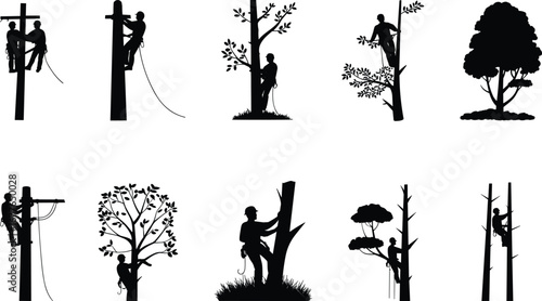 Silhouettes of Tree Workers and Utility Linemen Climbing Trees and Poles, Tree Trimming, Electrical Maintenance, Safety Gear, Outdoor Work, Arborists
