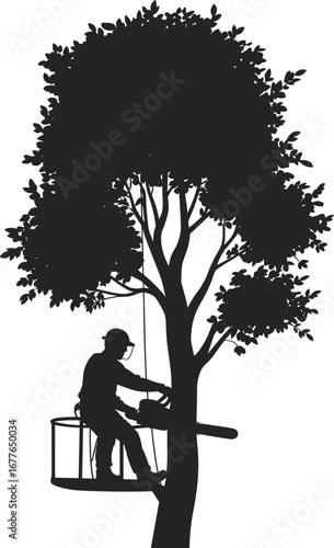 Silhouette of Arborist Cutting Tree with Chainsaw, Tree Trimming Worker in Lift Basket, Safe Tree Removal, Professional Tree Service