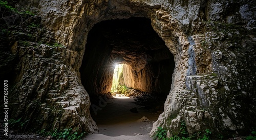 Cave entrance with light at the end.
