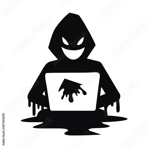Silhouette of sinister hacker using a laptop with malicious intent