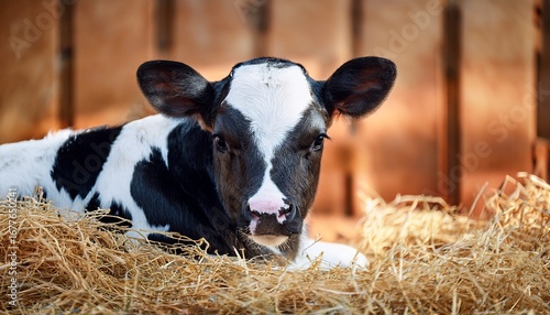close up of holstein calf in straw generative ai