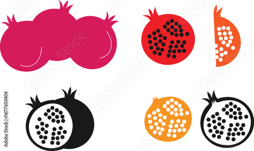Pomegranate fruit cut in half flat vector icon for food apps and websites. Vector black silhouette. with white background
