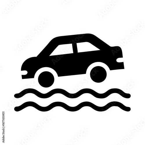 Car driving through floodwaters or a flooded road in a hazardous situation
