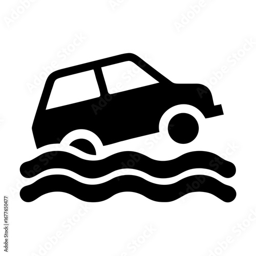 Car driving through flood water warning sign in black and white
