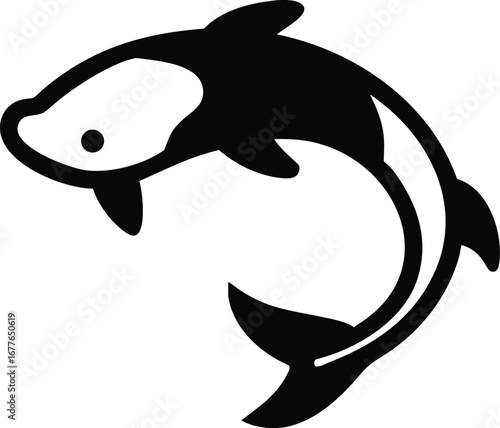 Black silhouette of a jumping dolphin or fish with a white belly on a white background ocean water