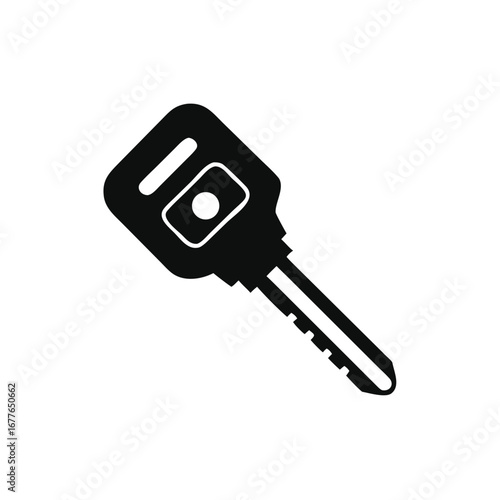 Simple black silhouette illustration of a car key with fob shape