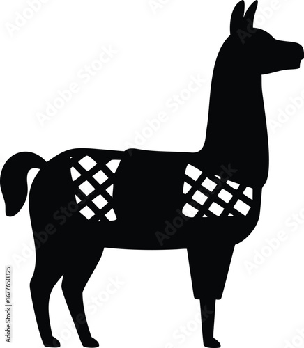 Black silhouette of a llama or alpaca with a patterned saddle or blanket on its back on a white background