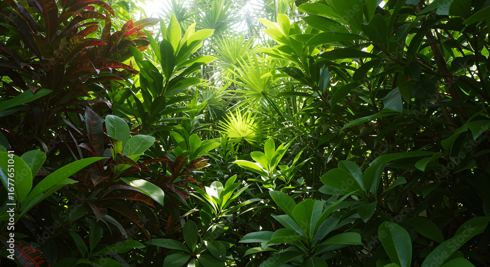Obraz premium Lush tropical foliage background with green leaves and sunlight shining through dense vegetation view of nature