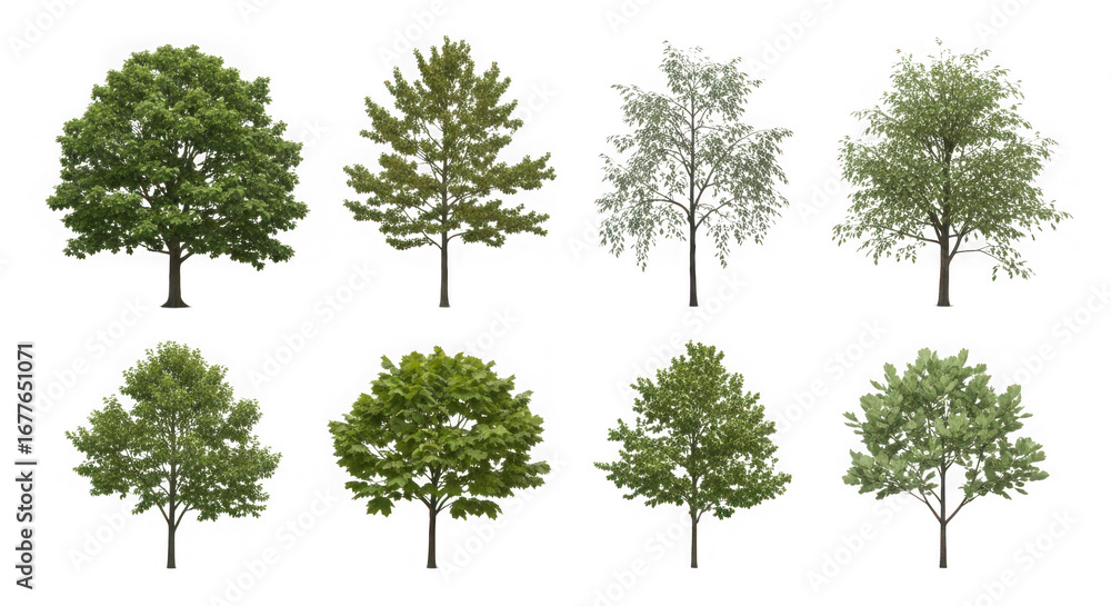 Fototapeta premium Eight green trees isolated on transparent background, showcasing the beauty of nature and the diversity of plant life