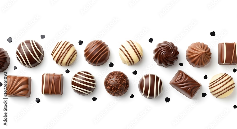 Fototapeta premium Assortment of delicious gourmet chocolates arranged on a white surface with dark sprinkles