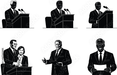 Businessman speaking at podium, political leader delivering speech, man and woman presenting together, formal presentation, 