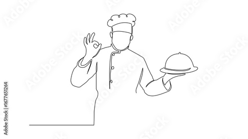 One Line Drawing Chef Cook Holding Dish Animation