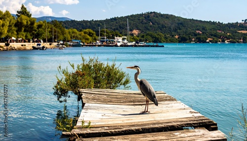 Fototapeta Naklejka Na Ścianę i Meble -  Heron on a dock by the water