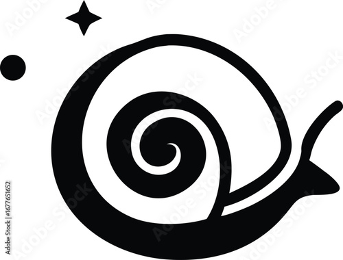 Black silhouette of a stylized snail with a spiral shell and a small star and dot nearby on a white background