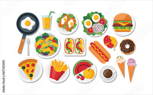 Meal Served on Plate. Set of healthy different breakfast, lunch and dinner. Tasty food and drink isolated on white background. Vector illustration