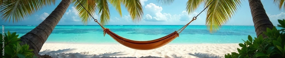Fototapeta premium Relaxing leather hammock strung between palm trees on a pristine beach, gentle ocean breeze rustling through leaves Sun-drenched sand, turquoise water, tropical paradise , waves, serene