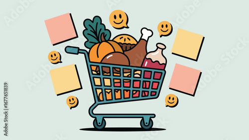 A cartoon style shopping cart filled with thanksgiving food surrounded by square notes and smiley faces