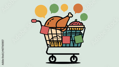 A shopping cart filled with thanksgiving dinner items and speech bubbles on a light blue background