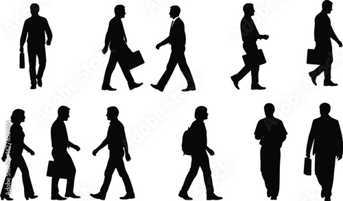 Silhouettes of business people walking with briefcases and backpacks, professional men and women in motion, corporate lifestyle, daily commute concept