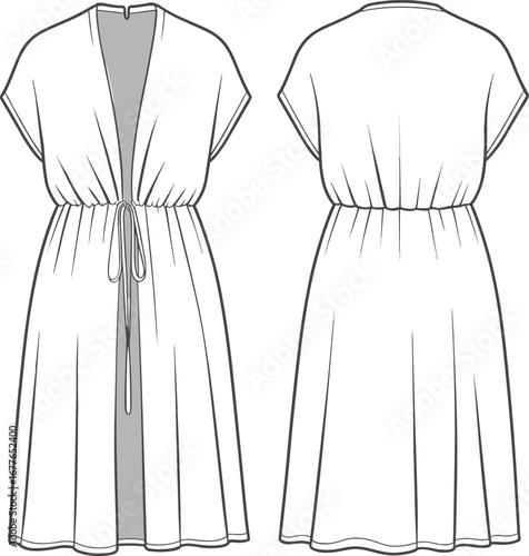 Short sleeve flowy dress cad flat, front and back view, with waist tie, deep V-neck, vector fashion design illustration