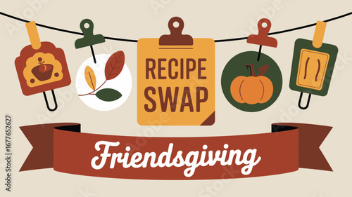 Friendsgiving recipe swap banner with hanging icons of fall themed items and a brown ribbon