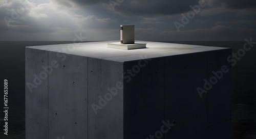 A single untitled book is presented monumentally on a large concrete plinth under a spotlight symbolizing the profound power and importance of knowledge.
