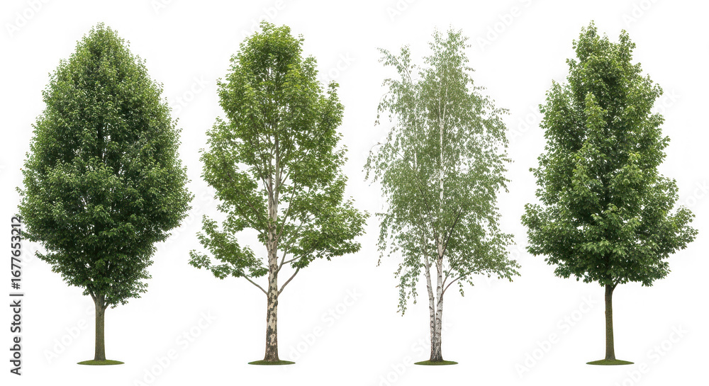 Obraz premium Four green trees isolated on transparent background, showcasing the beauty of nature and the diversity of plant life