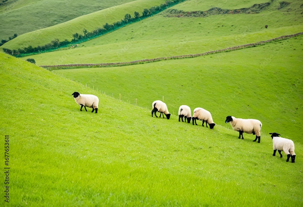 Obraz premium A herd of sheep grazing on a lush green field.