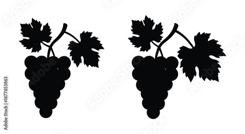 Two Grape Bunch Silhouettes with Leaves Isolated on White Background