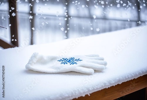 A pair of white gloves with snowflakes on a table.
