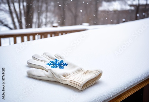 A pair of white gloves with snowflakes on a table.