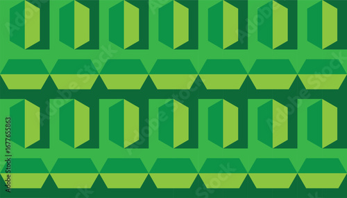 Seamless 3D hexagonal cube pattern in green shades on purple background