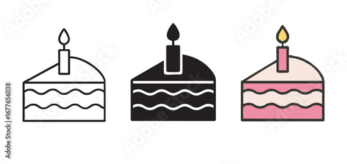 Three slices of birthday cake with lit candles in different styles