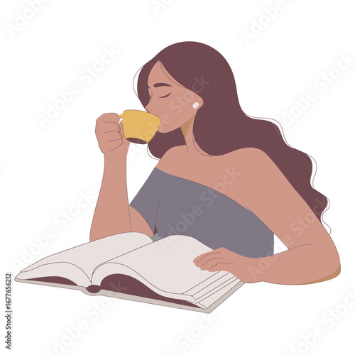 A woman enjoys a hot beverage while engrossed in a book, a serene moment of relaxation and quiet contemplation