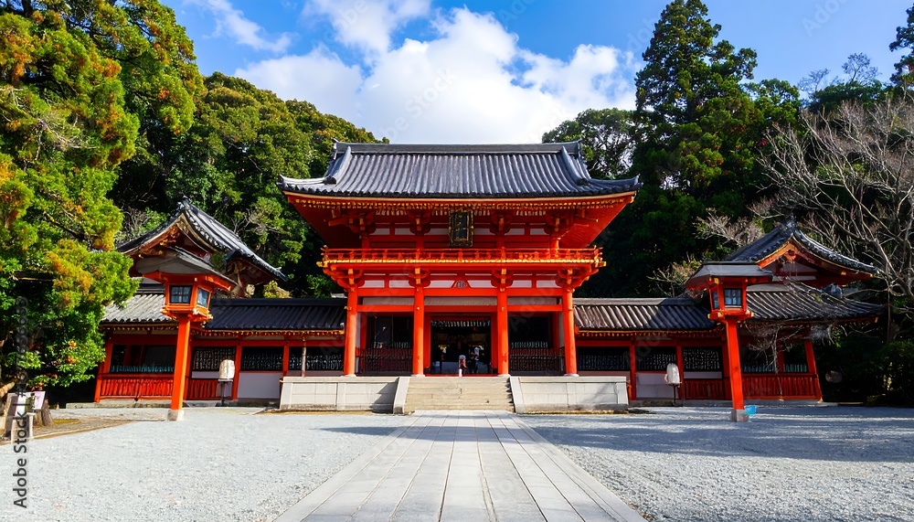 Fototapeta premium Japanese shrine, vibrant red, serene