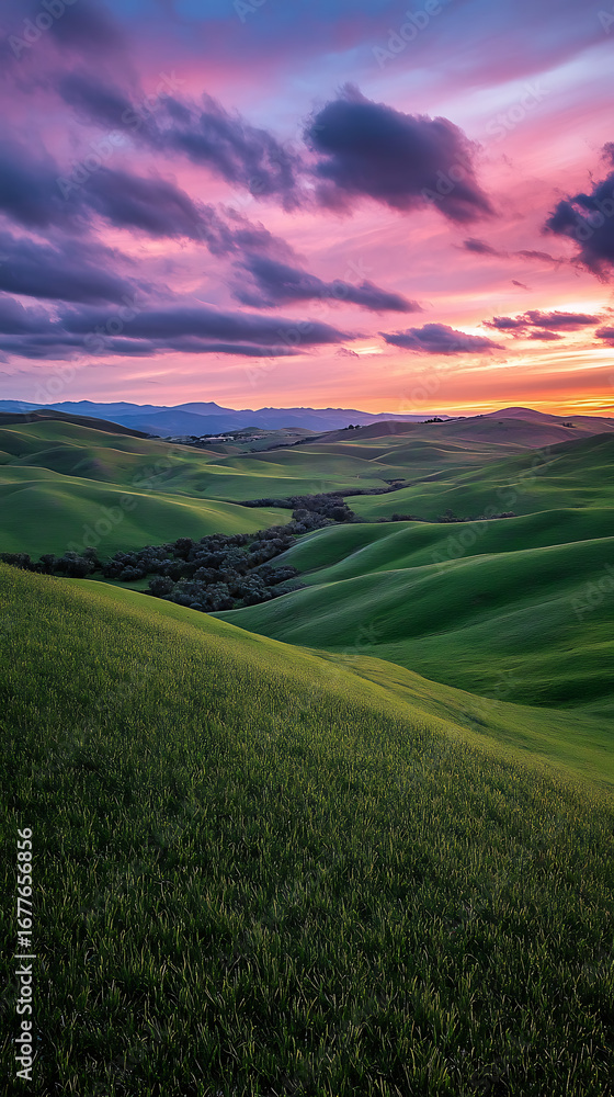 Fototapeta premium Beautiful layers of mountains under vibrant twilight sky high resolution picture