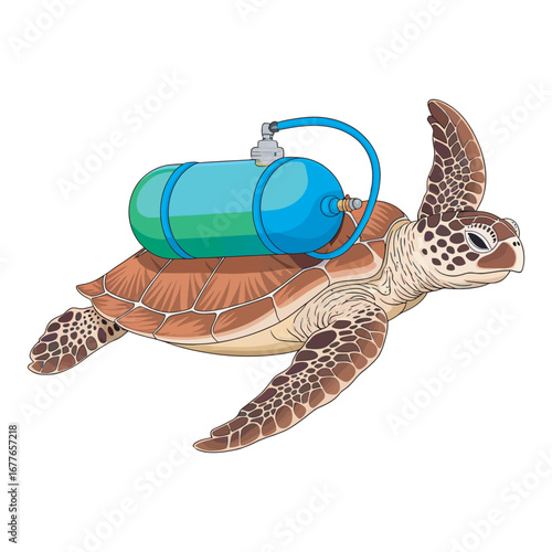 Whimsical Sea Turtle Expedition An Illustration of a Marine Creature with a Scuba Diving Tank for Underwater Exploration