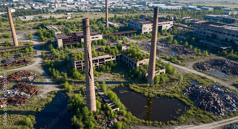 Fototapeta premium Abandoned Factory Aerial View.