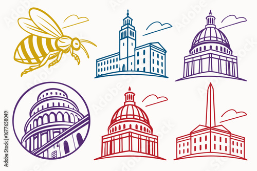 Illustration of famous buildings and a bee