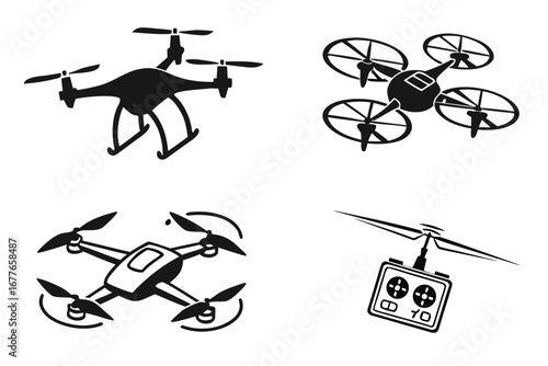 Vector art of set of black drone icons in vector illustration