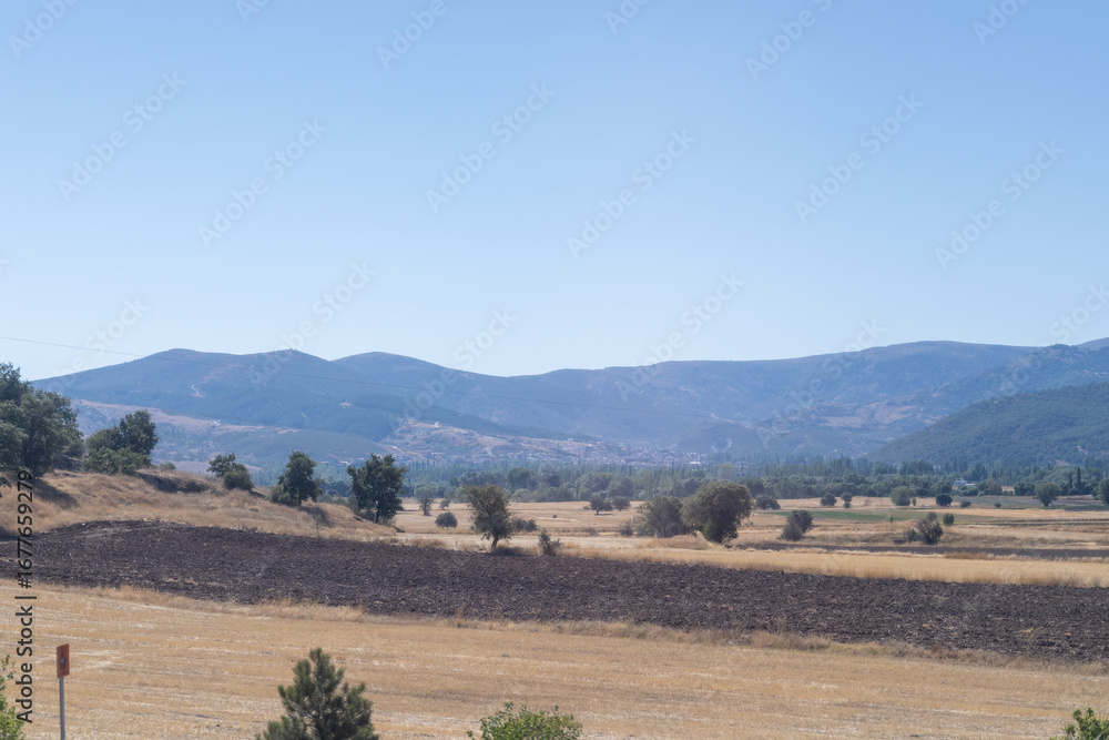 Fototapeta premium Idyllic Village Farmlands Amidst Mountains at Noon