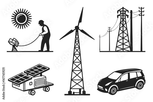 Illustration of renewable energy sources and infrastructure