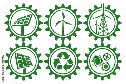 Vector art of green icons of renewable energy sources in gear shapes