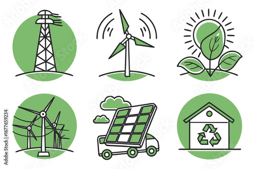 Vector art of set of green icons of renewable energy sources