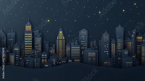 Paper Cityscape at Night: Illuminated Buildings Under Starry Sky