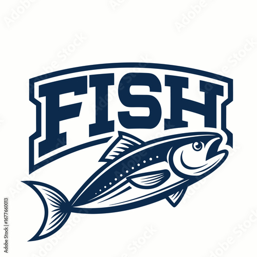 Illustration of a fish with the word fish above it, the fish is a dark blue color and has a white outline, creating a bold and eyecatching design